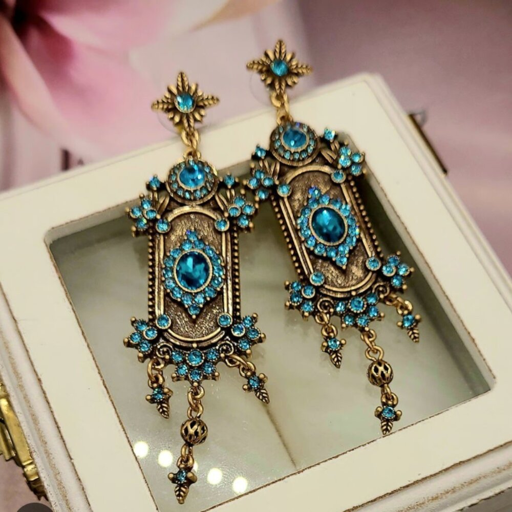French Gold Florenza Sea Blue Molded Glass Crystals with Rhinestone Accents